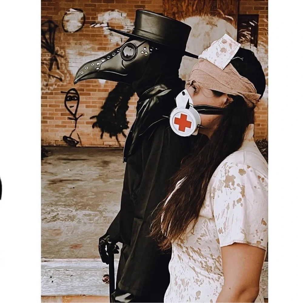 Black Leather Plague Doctor Gas Face Mask Slave Bondage BDSM Costume Cosplay NWT